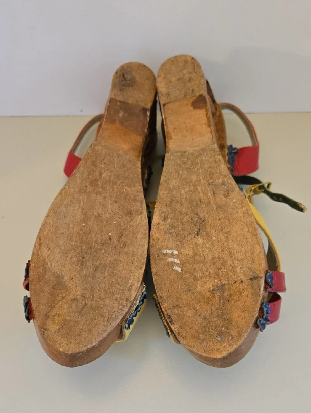 Vintage Hand Carved Wooden Wedge Sandals, Yellow Red Green Leather Straps Sz 7
